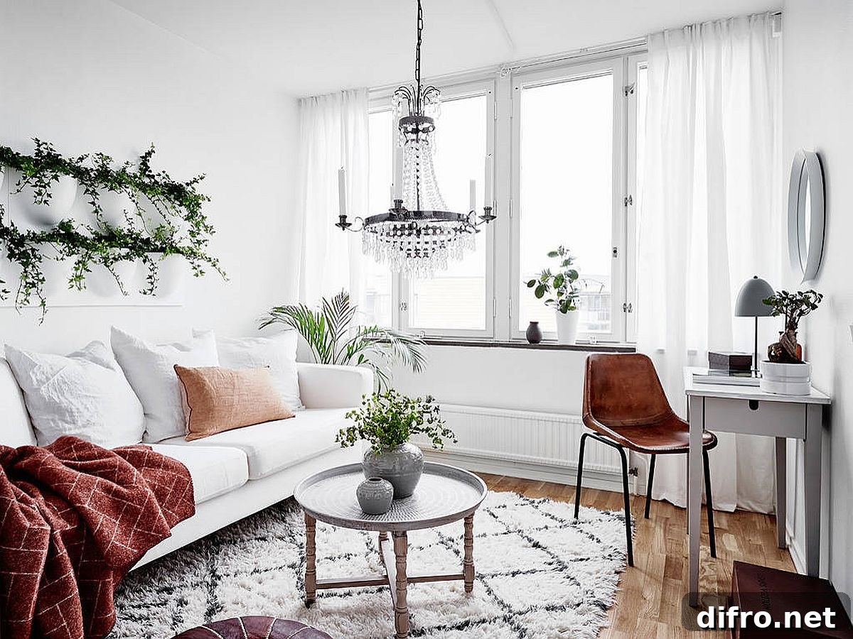 Light-filled Scandinavian living room draped in white