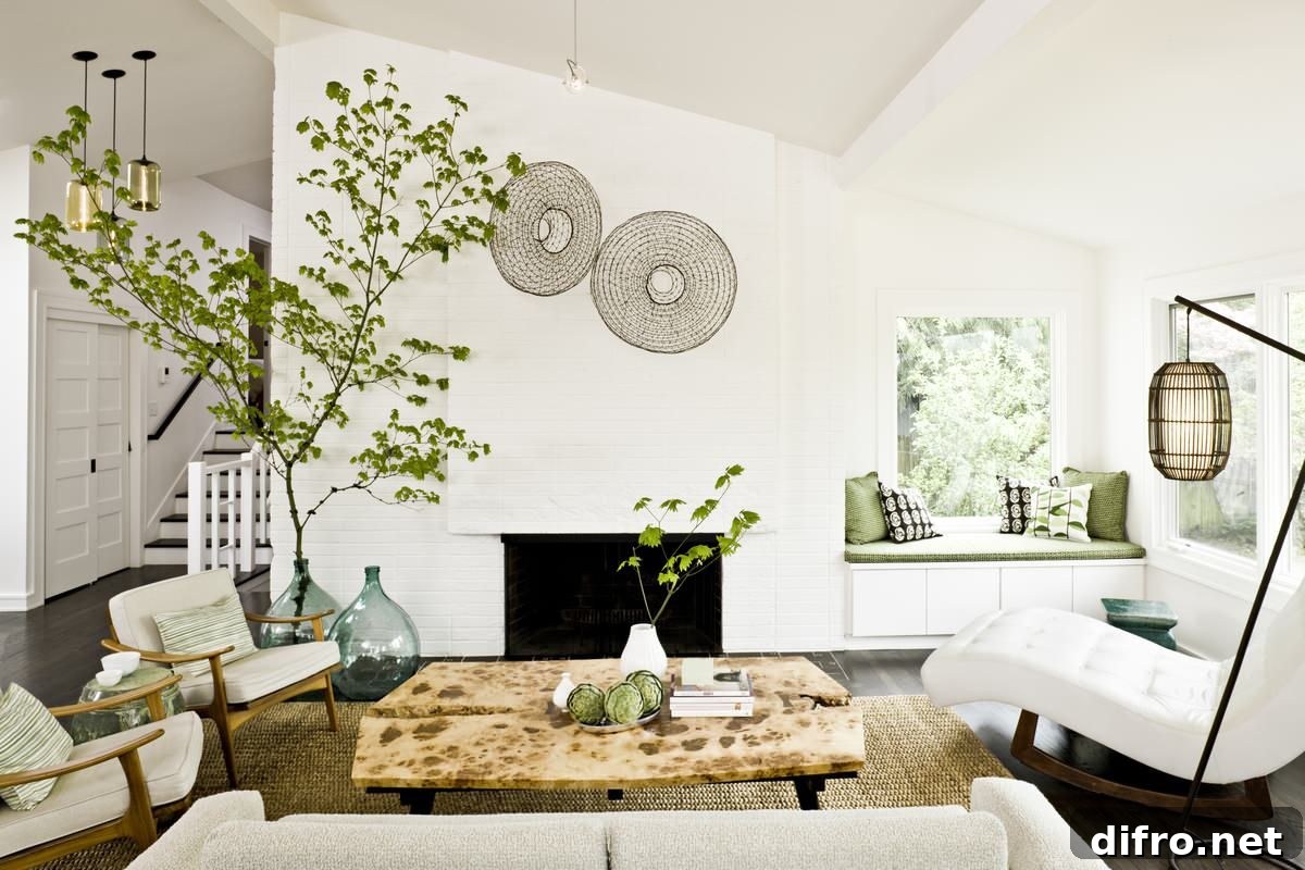 Small white living room with natural greenery