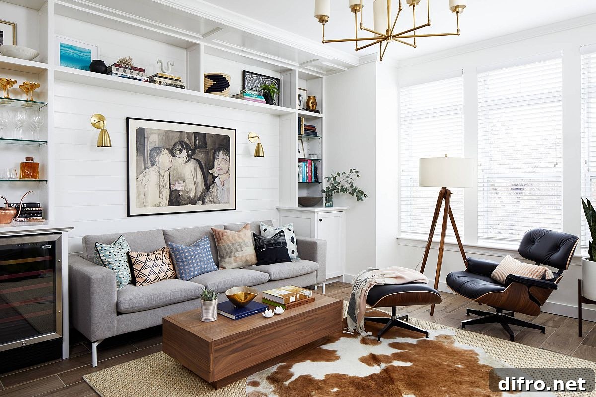 Cowhide rug and metallic accents in light-filled living room