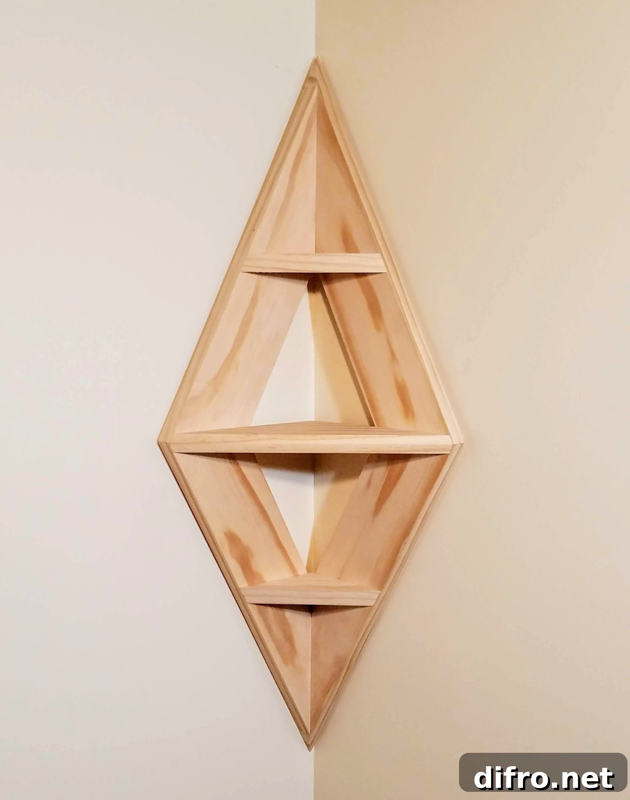 Diamond-shaped wooden corner shelf