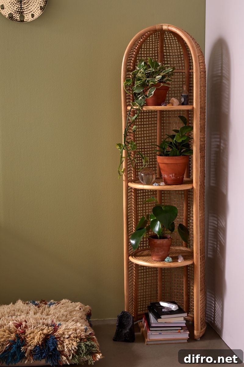 Rattan standing corner shelf