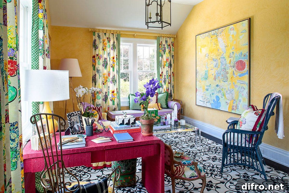 Pink desk with yellow wallpaper backdrop
