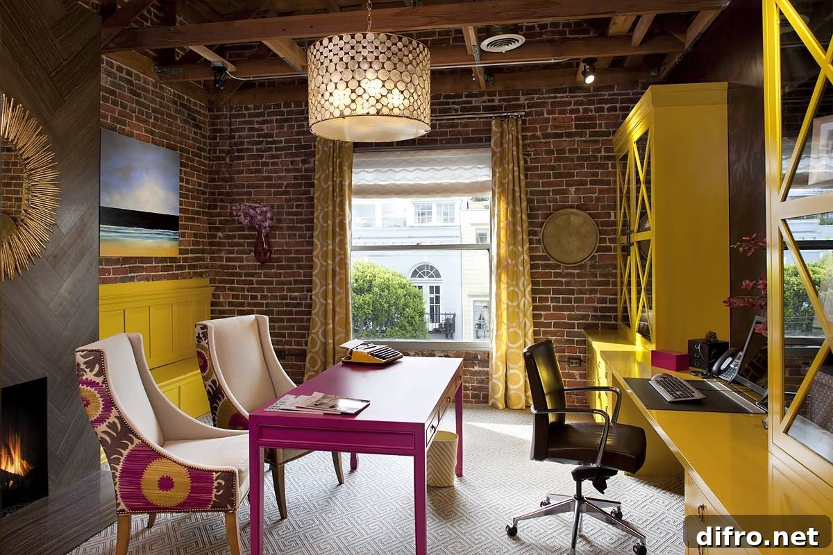 Home office with brick walls and colorful accents