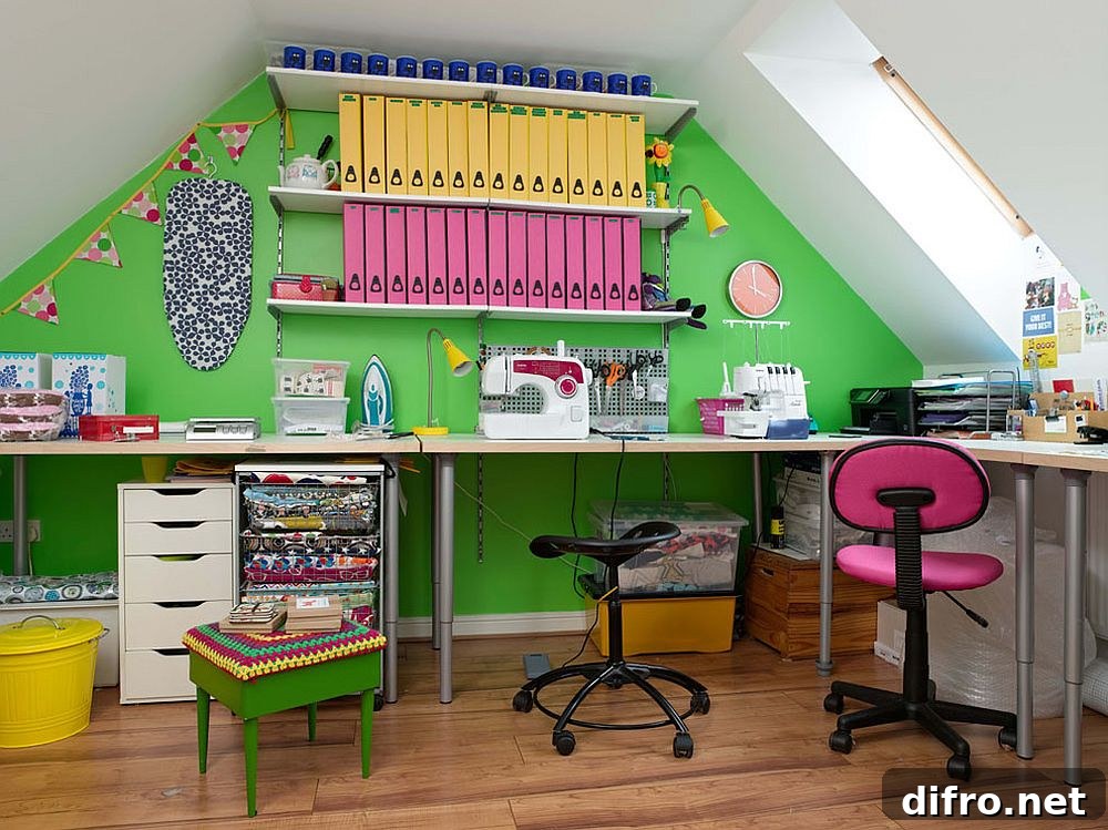 Attic home office with green accent wall and colorful pops