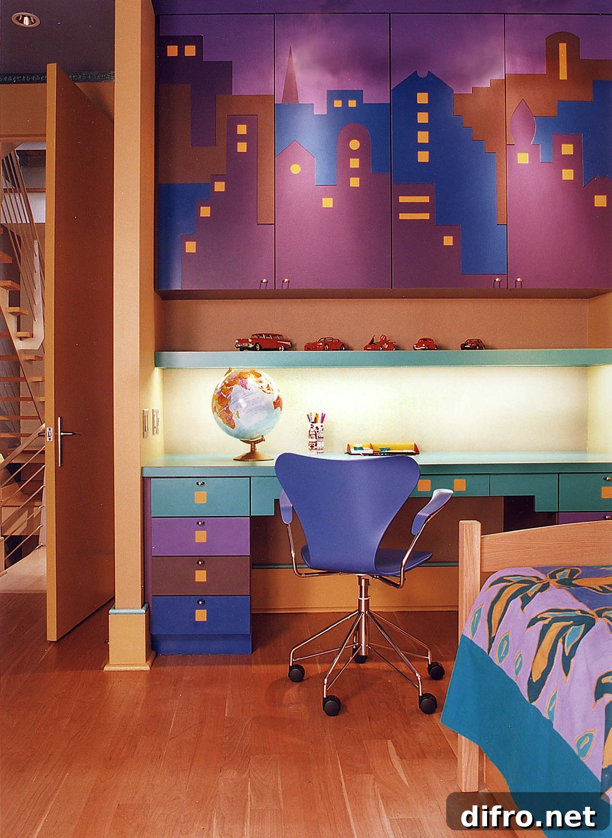 Colorful city skyline in a kid's room