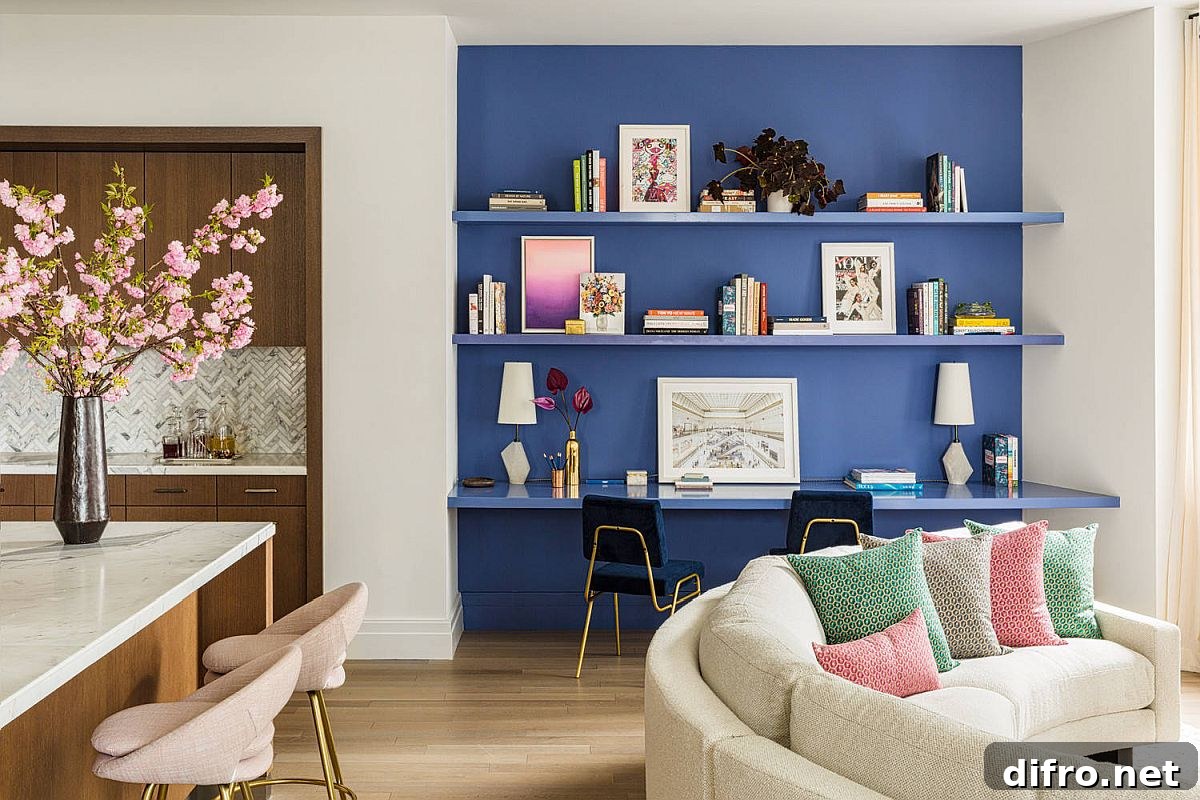 Colorful workstation set apart from neutral living area