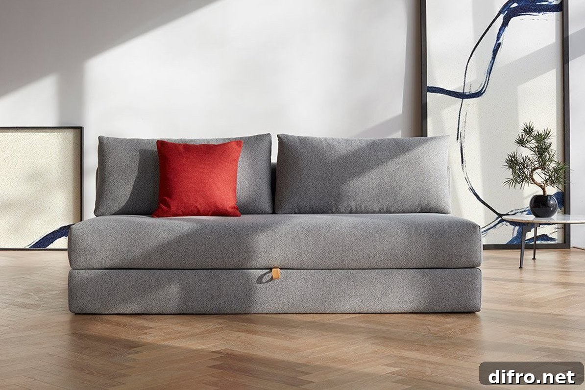 Modern sofa bed in living room with cushions