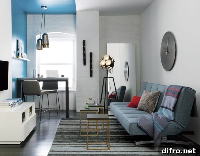 Blue sleeper sofa in bright living room