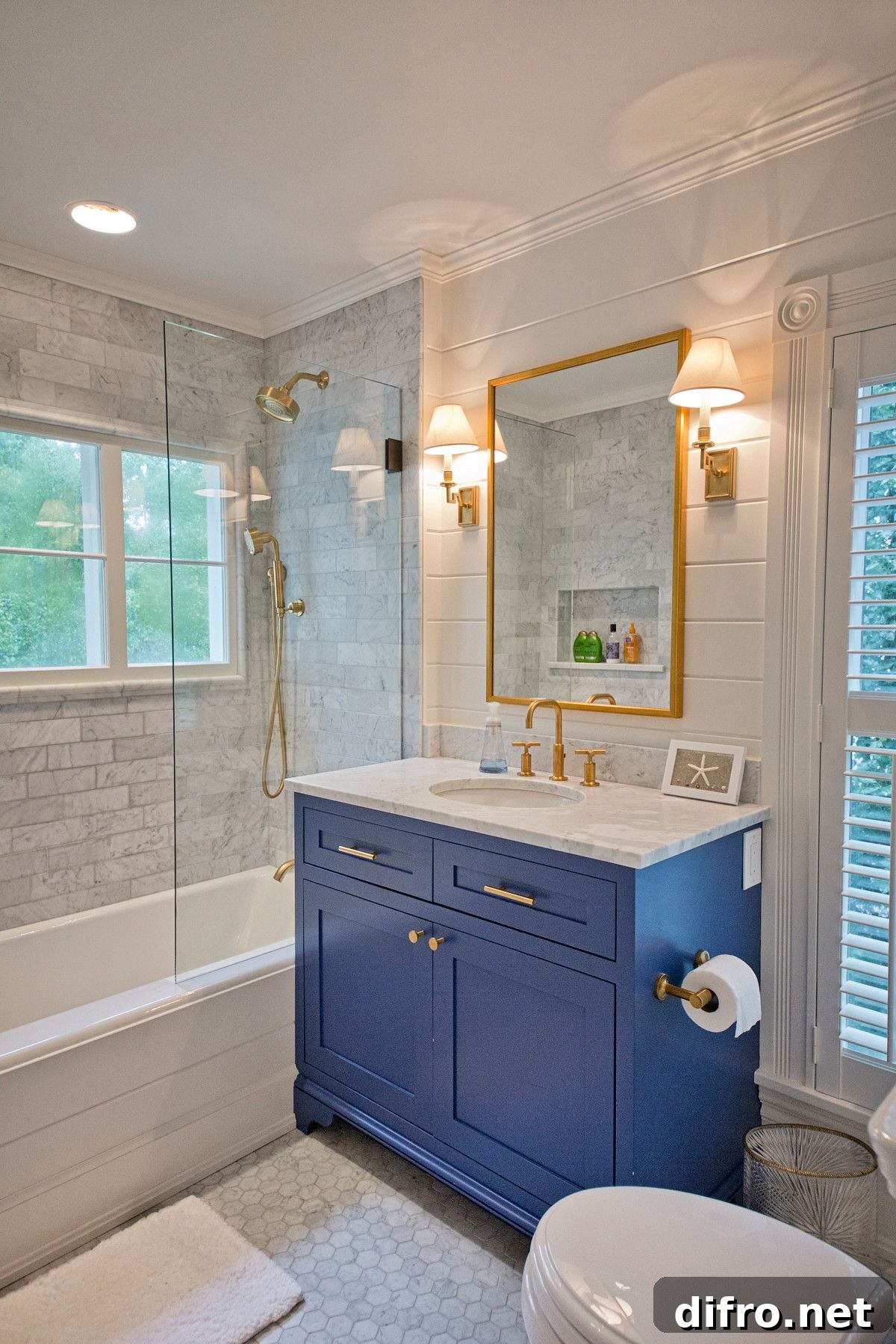White, blue and gold bathroom combination