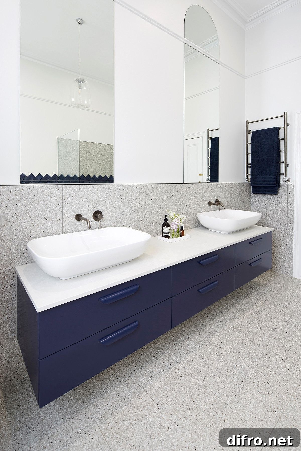 Custom navy blue vanity with double sinks
