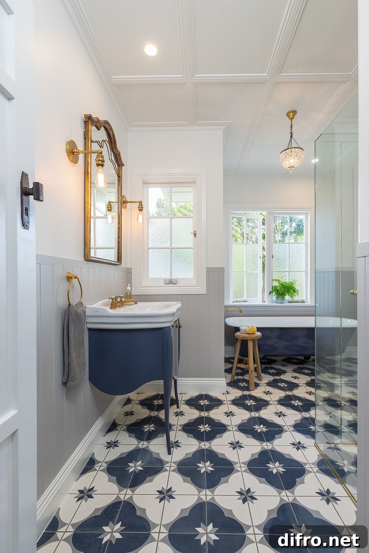 Classic blue highlighting vanity and bathtub