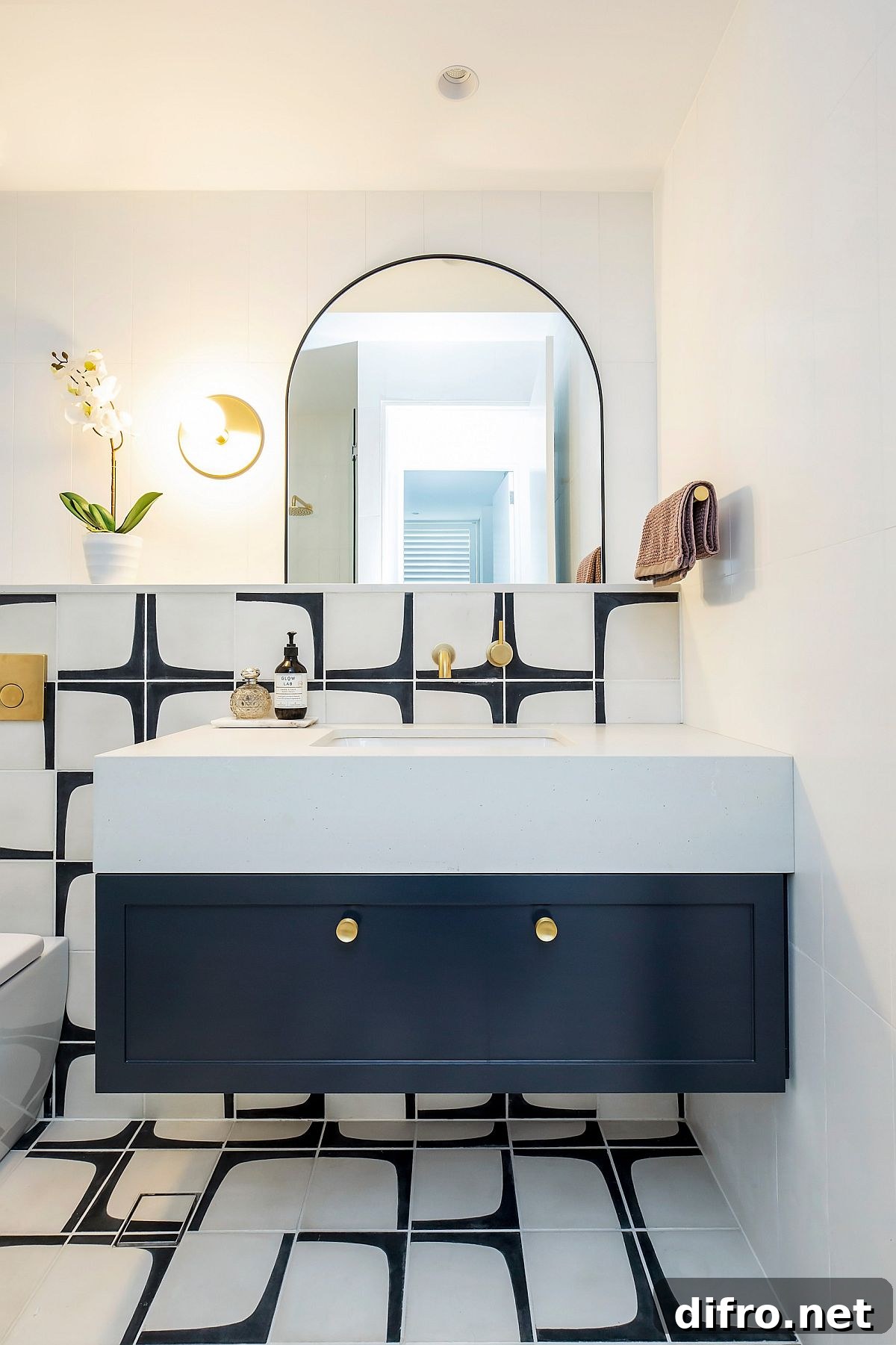 Floating blue and white vanity