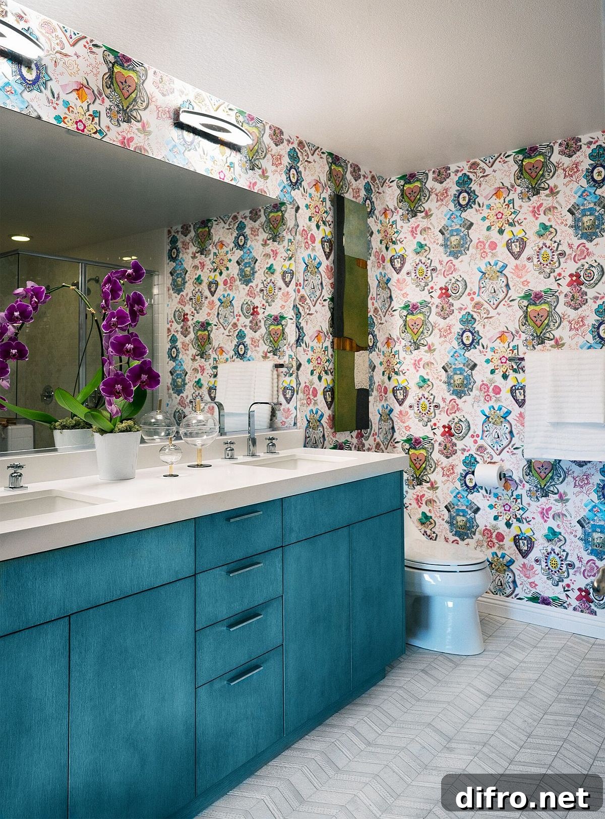Unique blue vanity with lively wallpaper backdrop