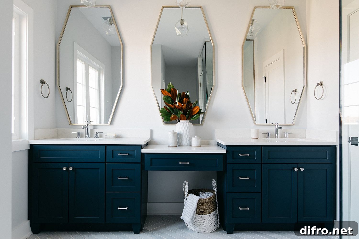 Blue vanity with a tinge of green in a modern farmhouse