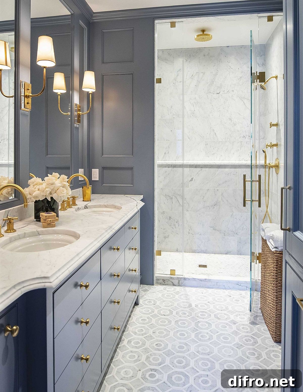 Grayish blue combined with white and gold accents
