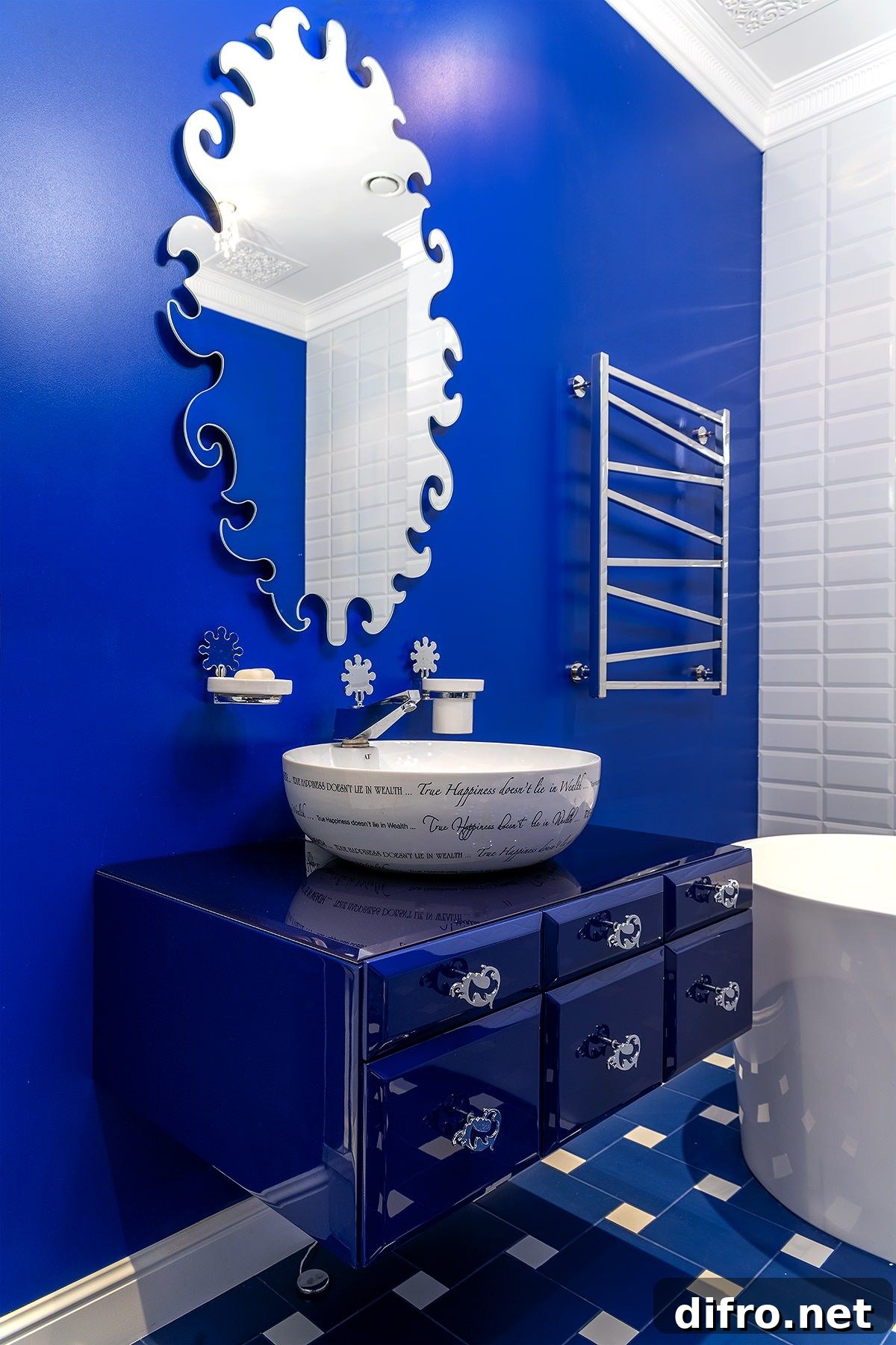 Radiant bright blue vanity in a modern eclectic bathroom