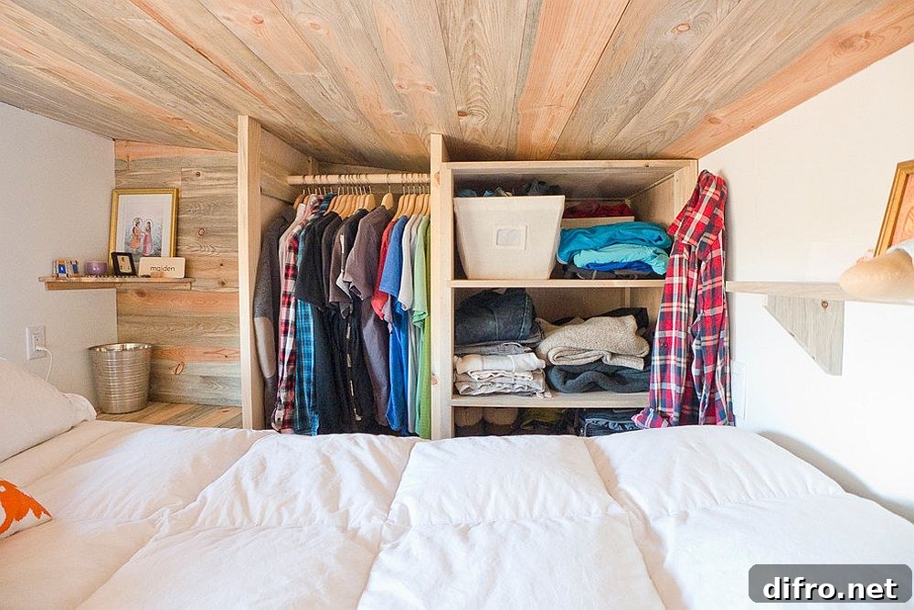 Loft bedroom with tiny corner closet