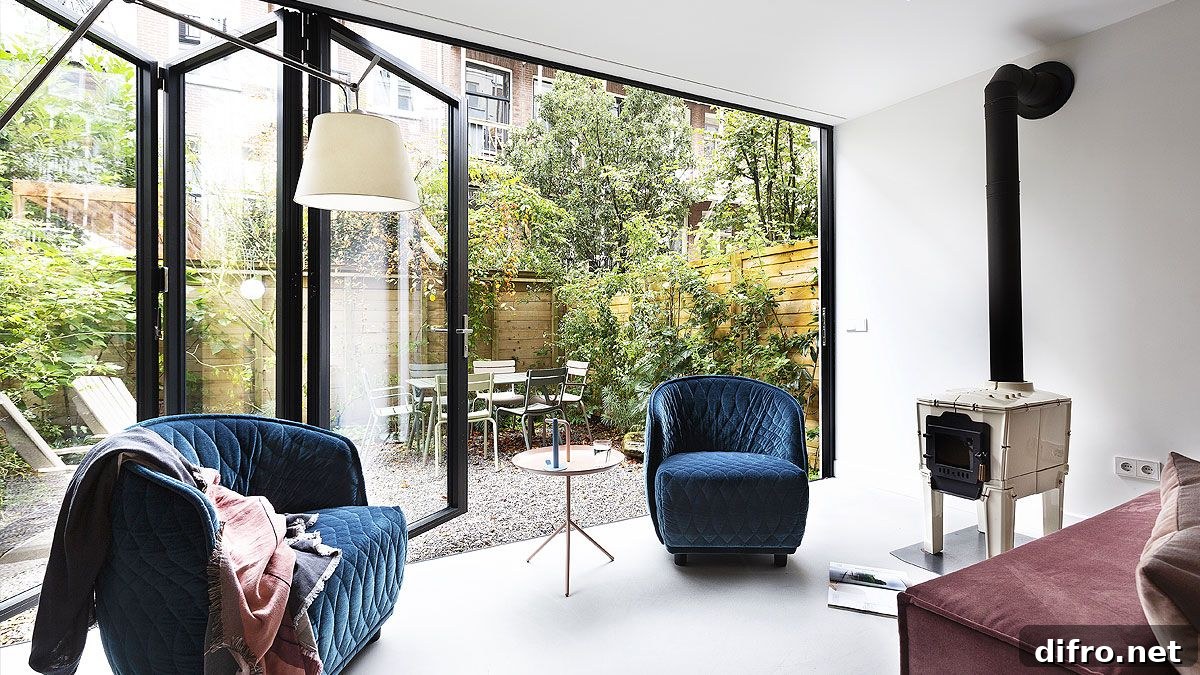 Basement level of the house connected with the landscape outside