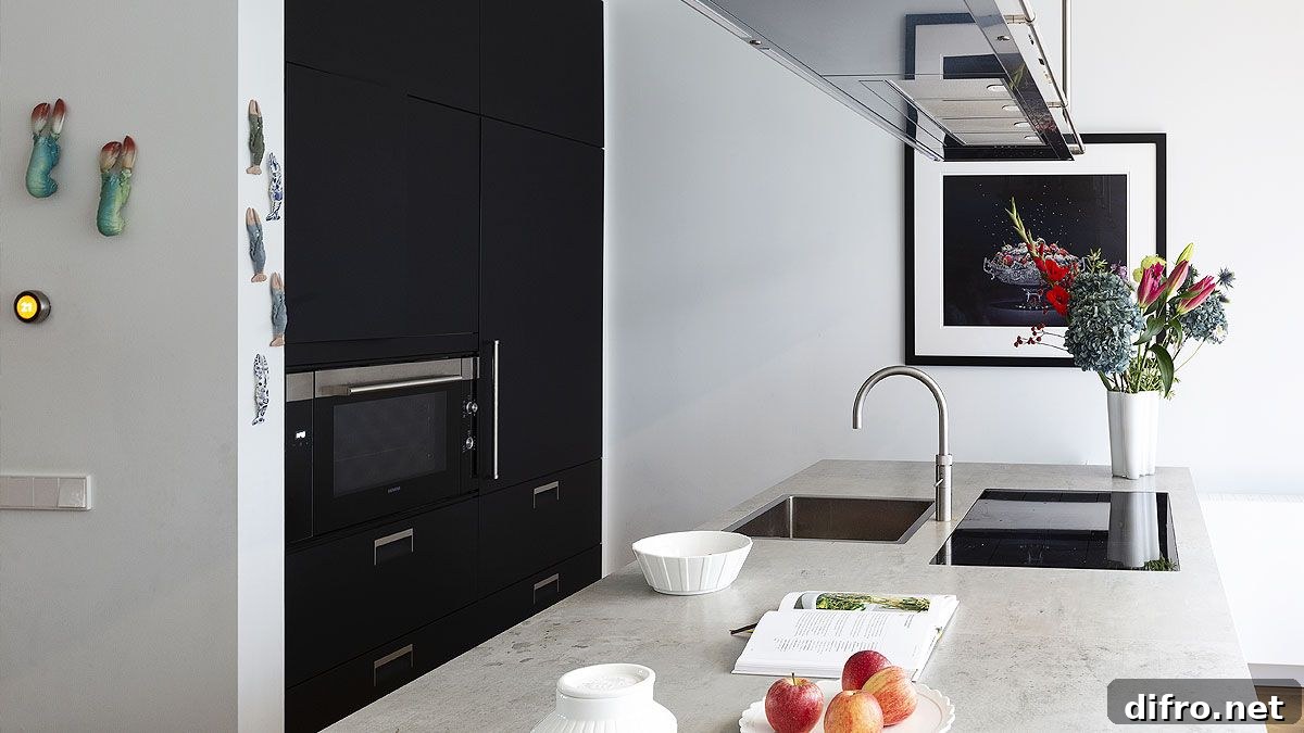 Black and white color scheme holds sway in this modern kitchen