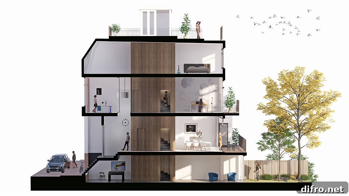 Design plan of renovated luxury mansion in Amsterdam with a multi-level interior