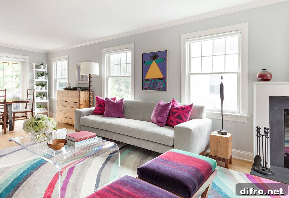 Multi-colored cushions, accent pillows and rug for the spacious contemporary living room