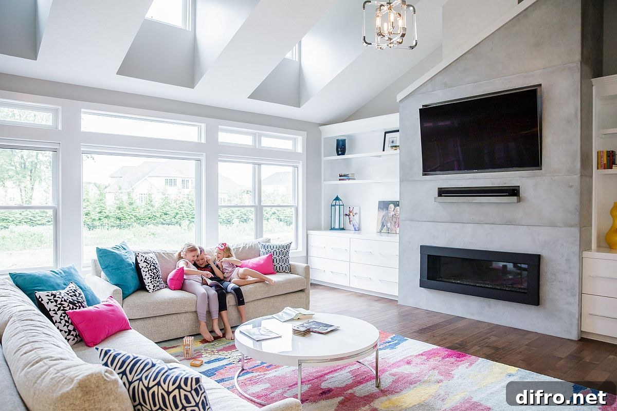 Pink and blue accent pillows for the neutral colored couch