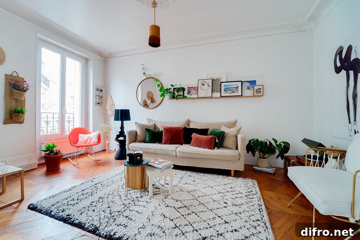 Shabby-chic living room with accent colors in different hues
