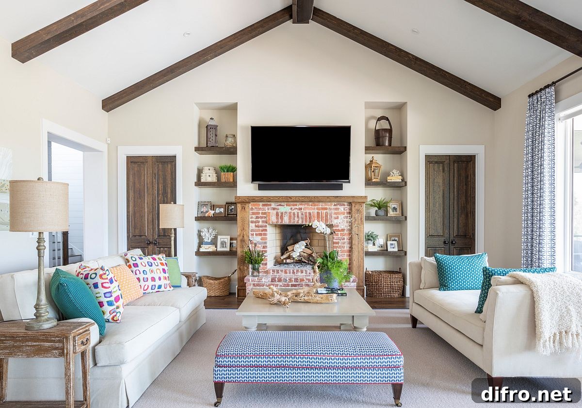 Accent pillows bring different colors and patterns to the modern industrial living room