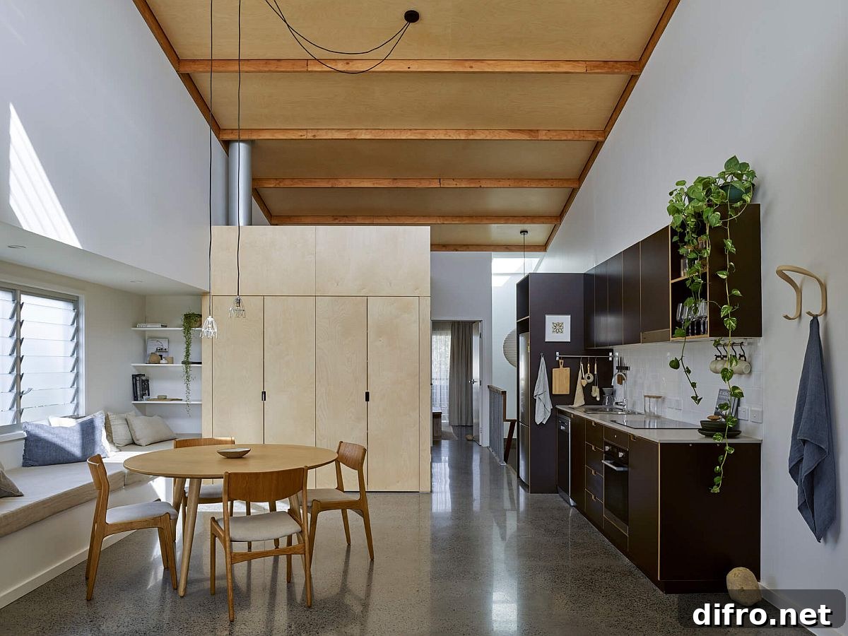 Open plan living, dining and kitchen in the one-bedroom apartment