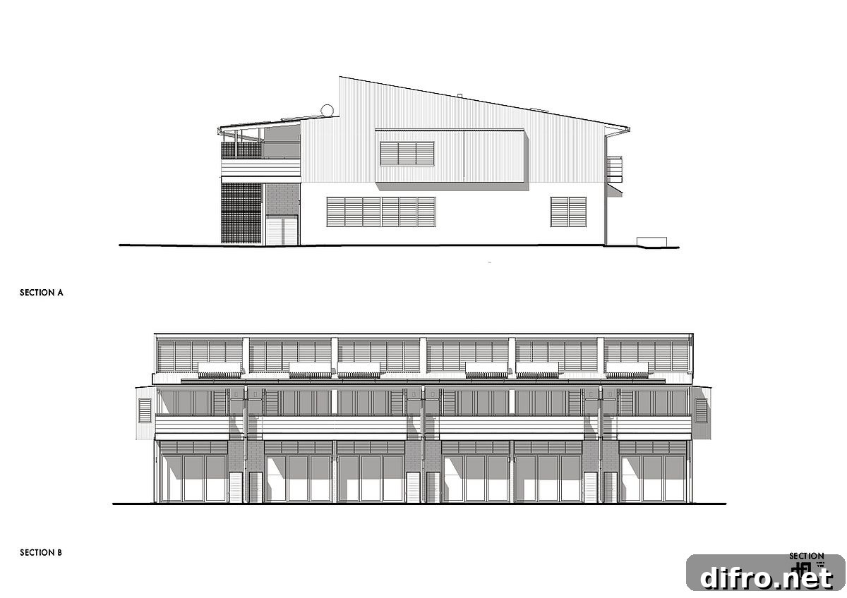 Sectional view and design plan of the live/work units in Byron Bay