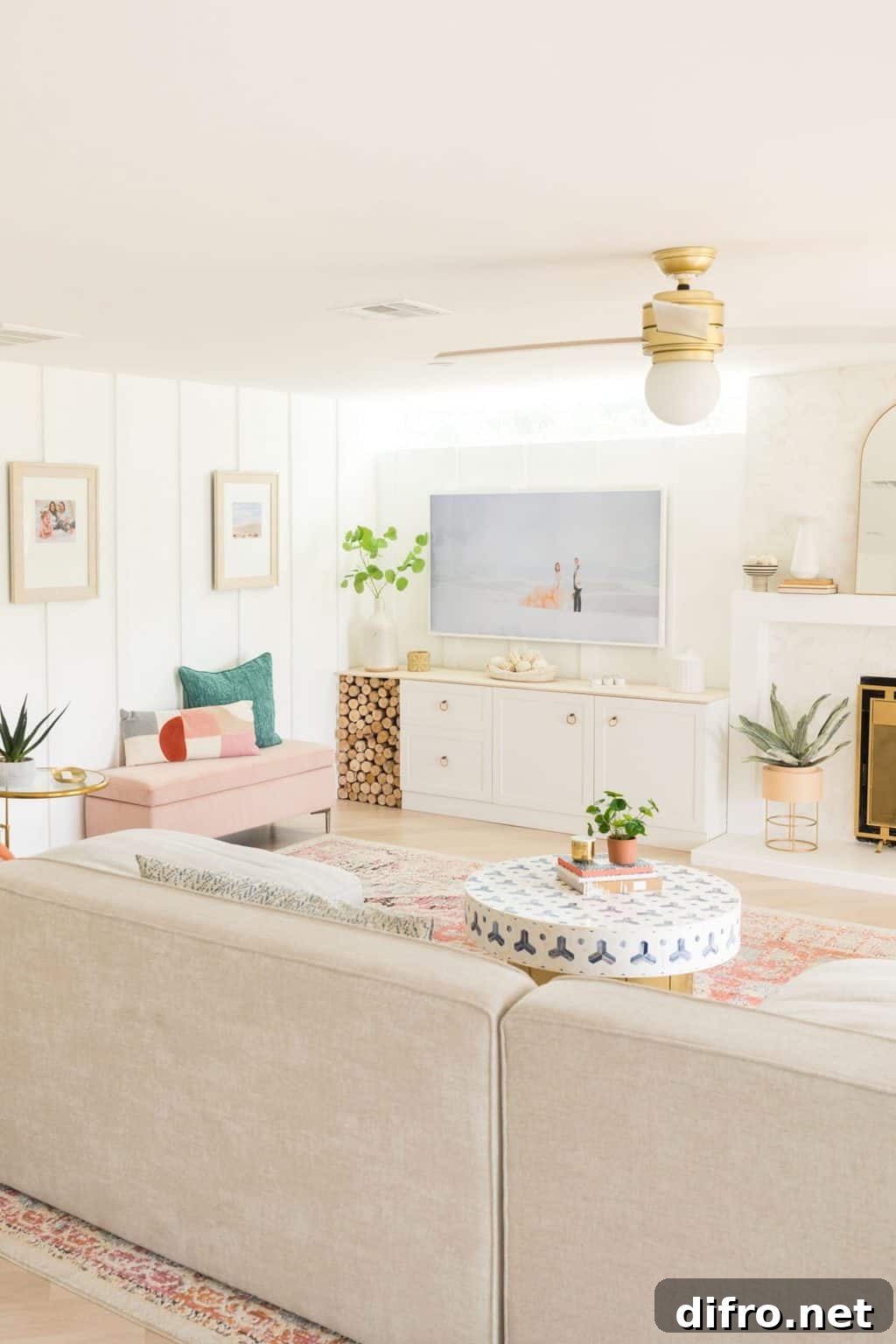 Pink, blue and white living room palette