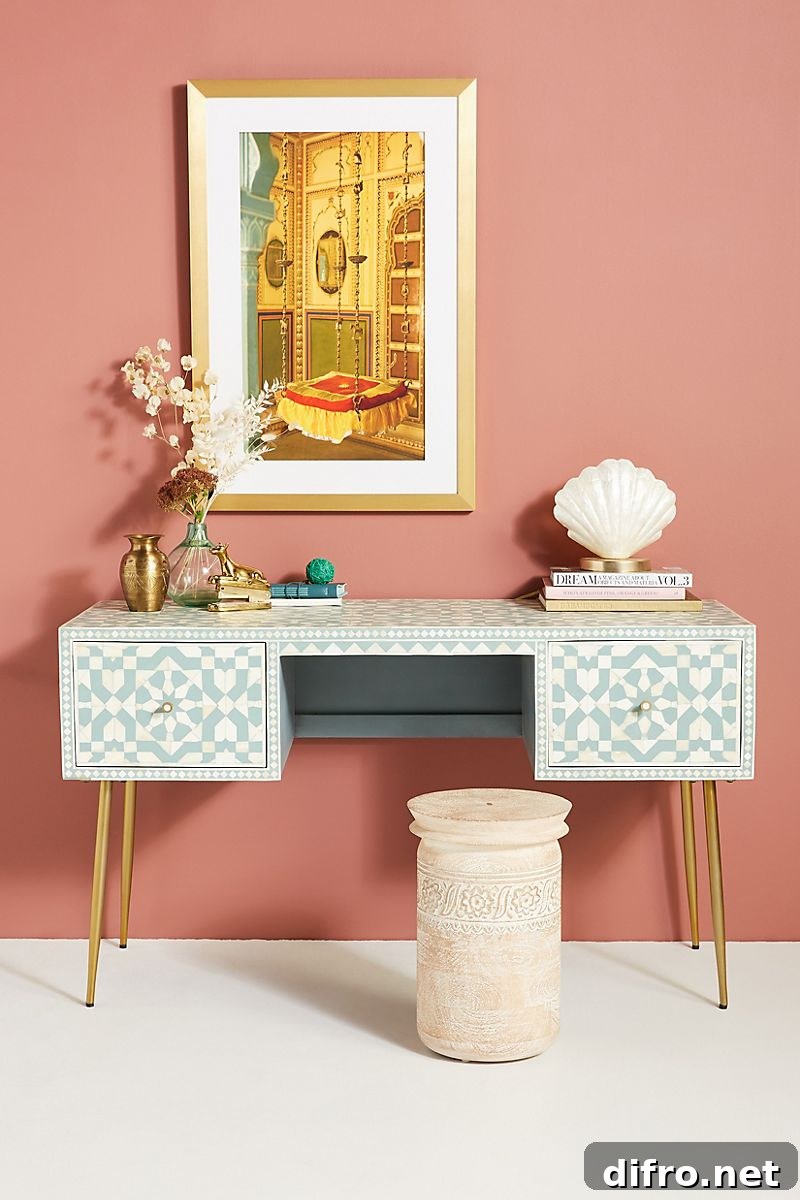 Blue and white tiled inlay desk