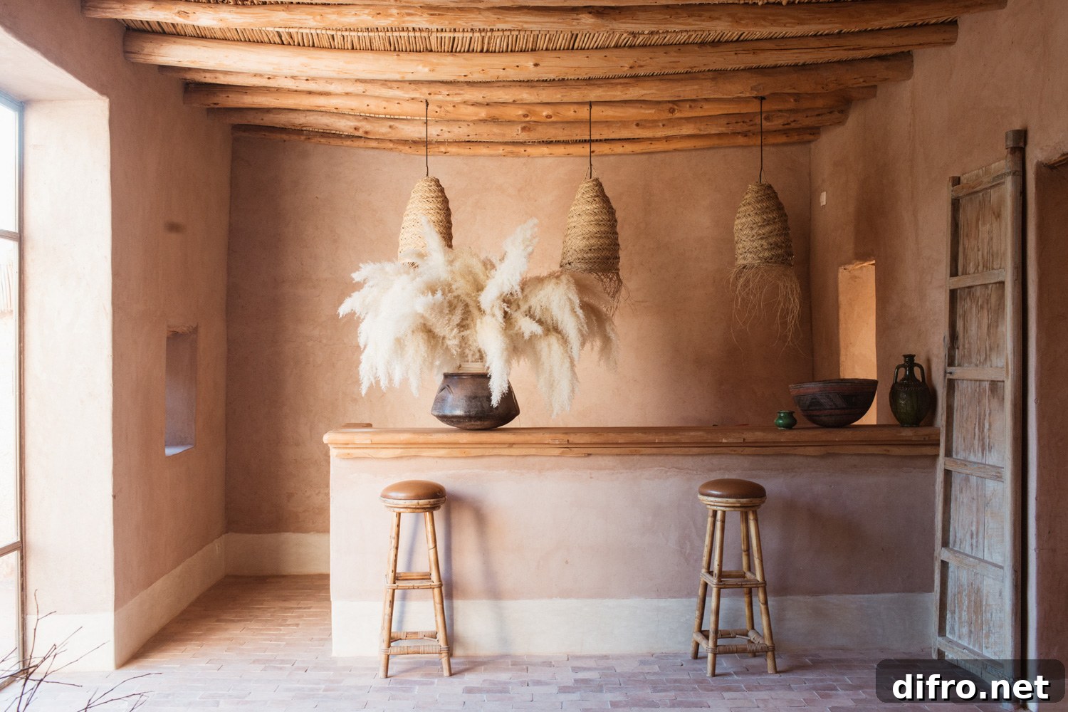 Interior with peachy glow and natural decor