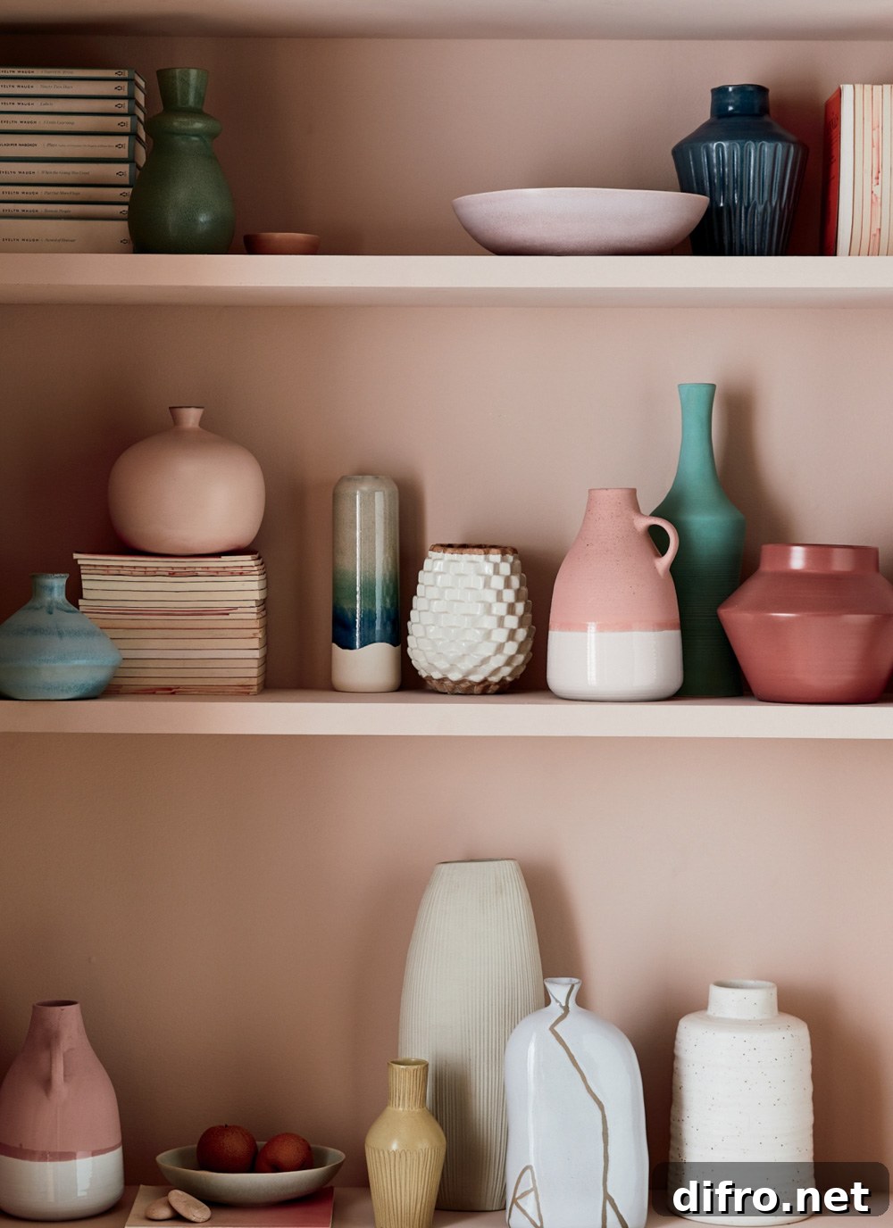 Vases displayed on dusty pink backdrop