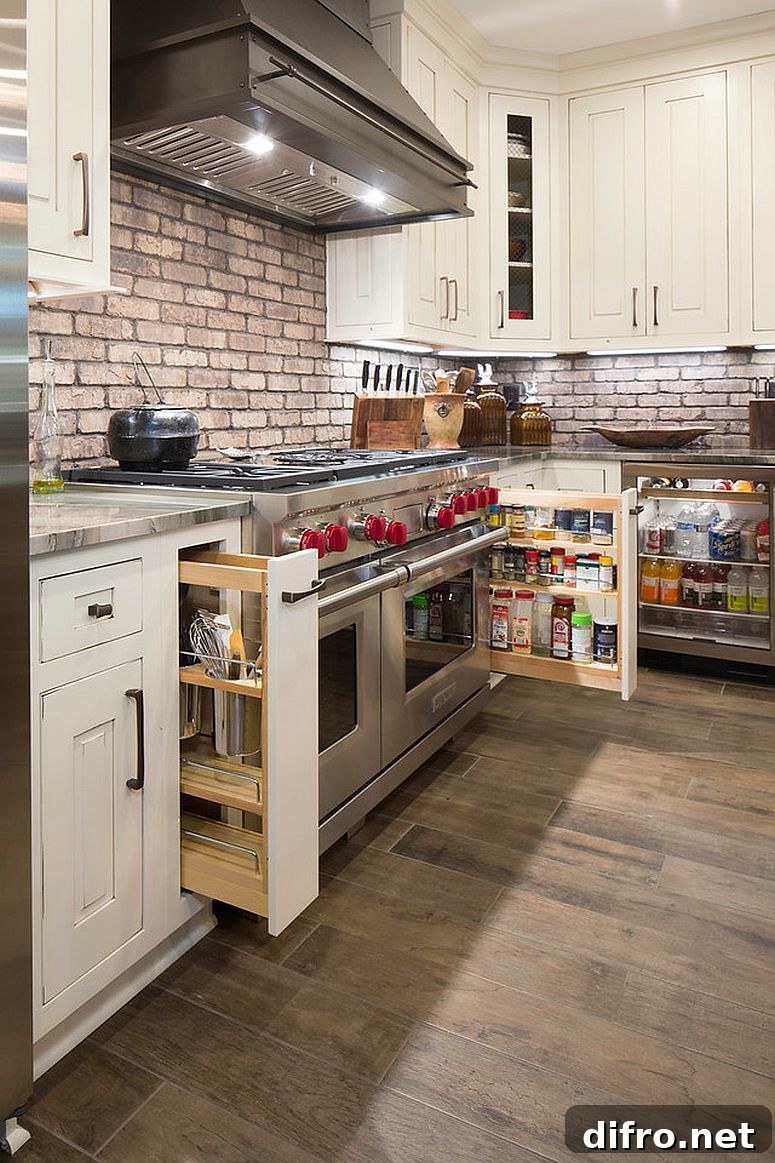 Smart modern sliding shelves and cabinets for tiny pantry