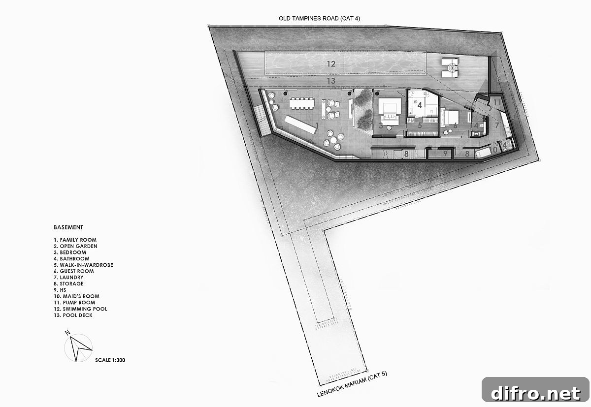 Basement floor plan of Stark House designed by Park + Associates