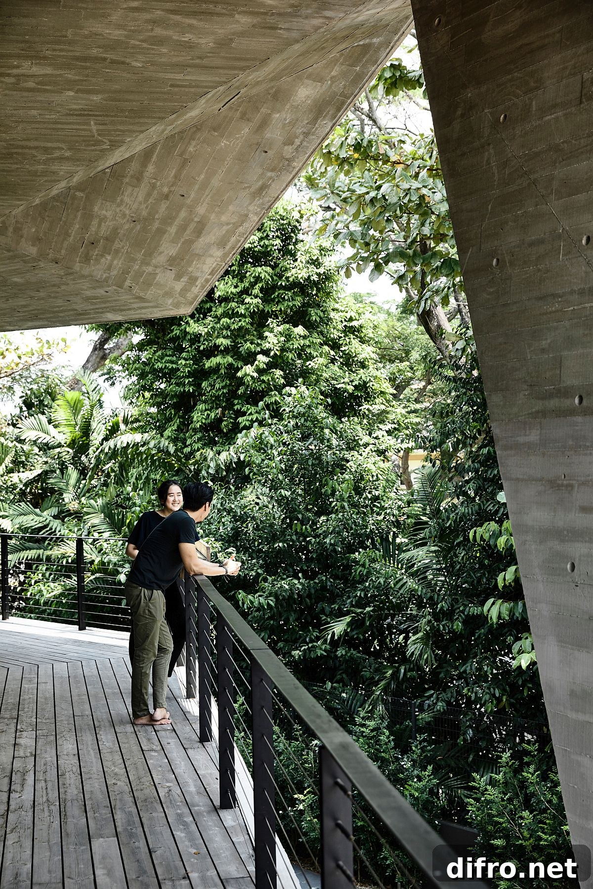 View from the upper level balcony with greenery surrounding the building