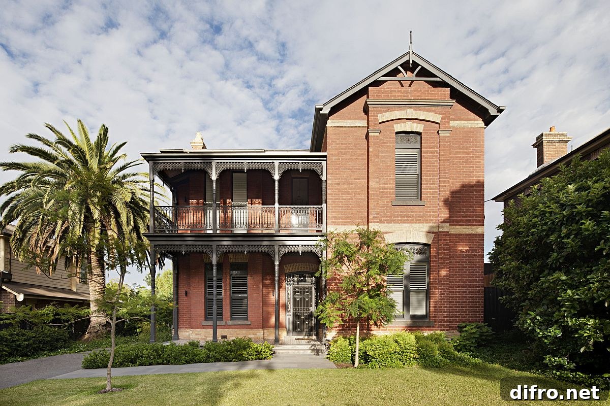 Heritage street facade of classic Victorian era villa in the inner suburb of Melbourne