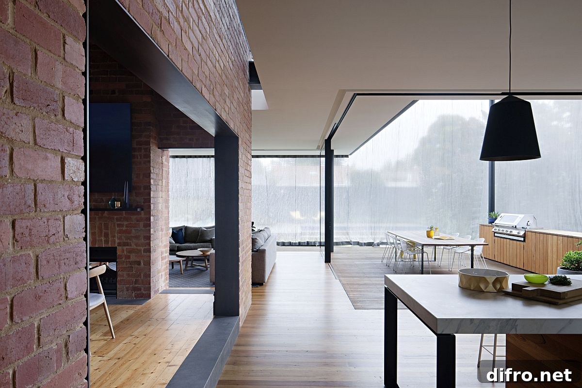 Open plan living area of the house with a revamped floor plan inside heritage Aussie home