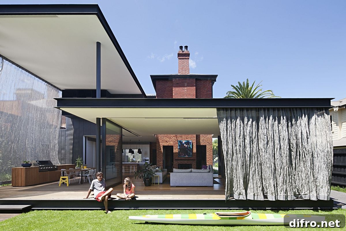 Beautifully designed canopies create a sheltered outdoor space at this Aussie home