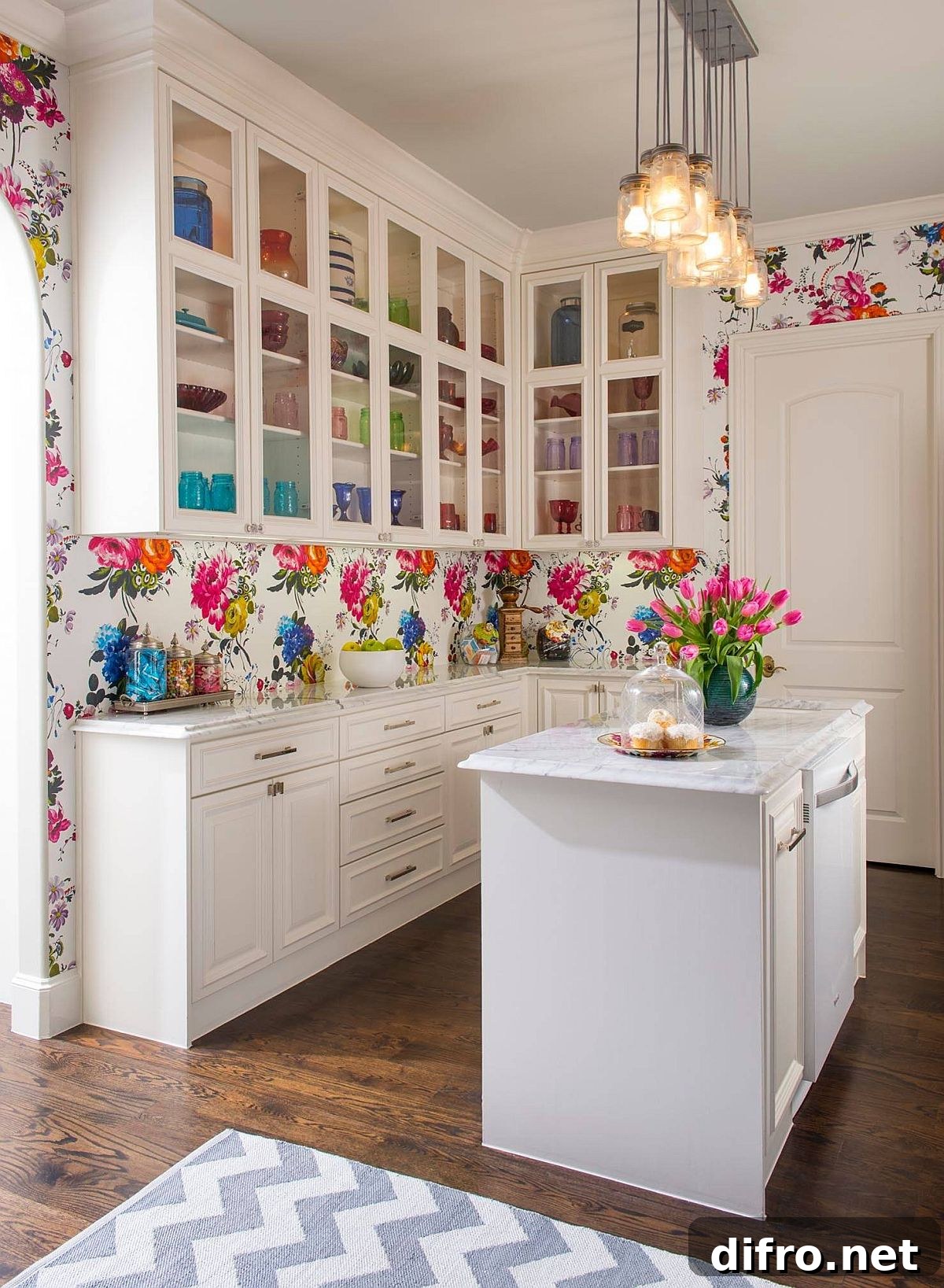 Small kitchen with colorful floral wallpaper