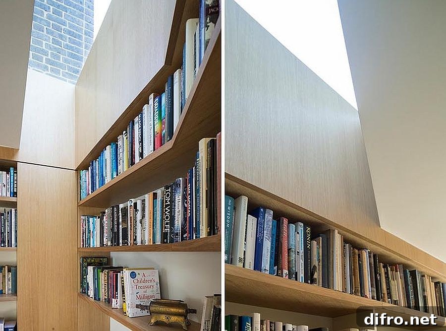 White and wood reading room with skylight