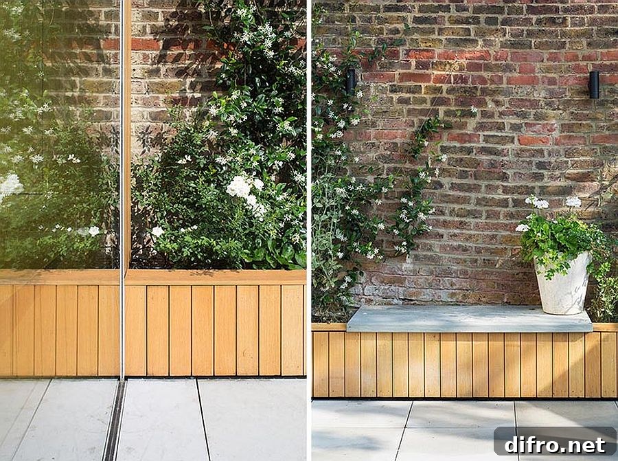 Custom oak planters connecting garden and interior