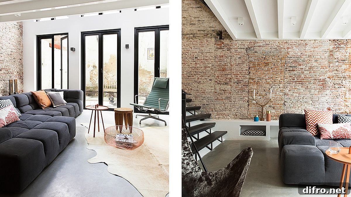 Brick walls combined with concrete floor in the living area
