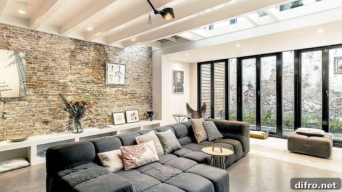 Luxurious sectional on the basement level creates a comfy sitting area
