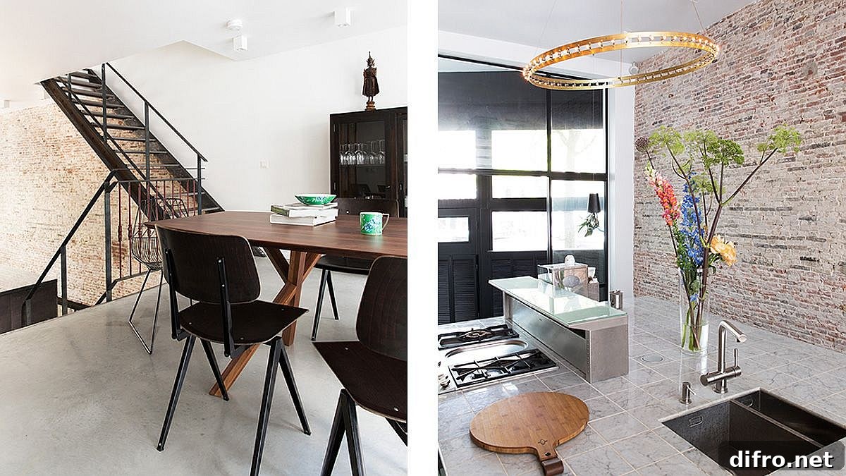 Split-level kitchen, dining area and living room offering canal views