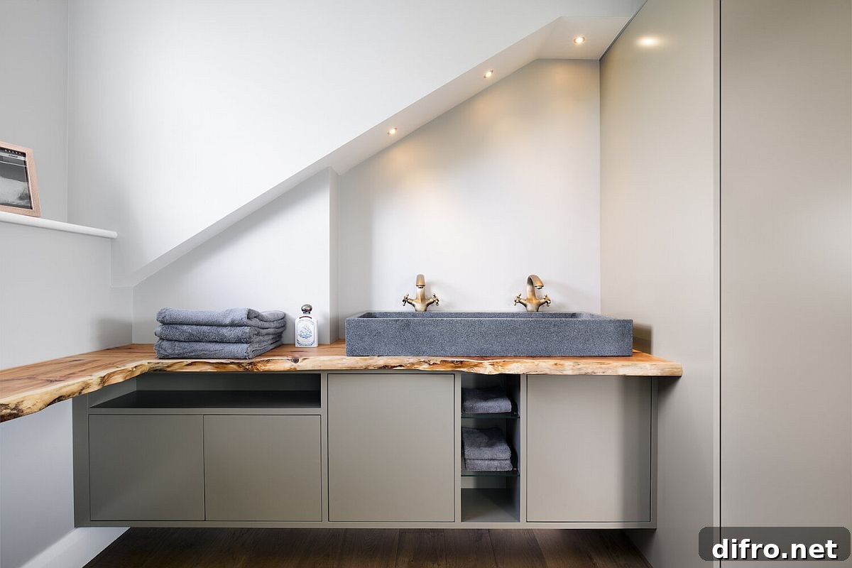 Ewe wood worktops combined with granite washbasins inside the opulent bathroom