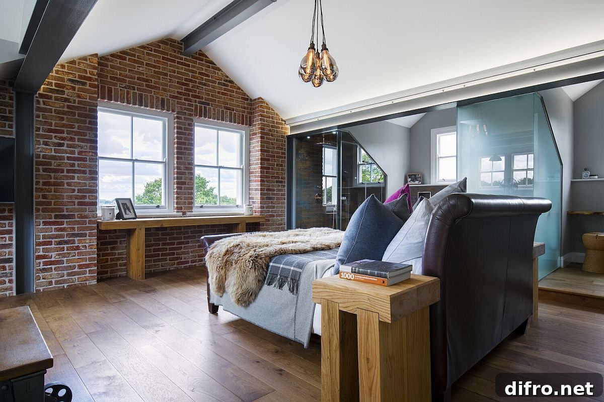 Steel ceiling beams and brick walls combined with contemporary finishes