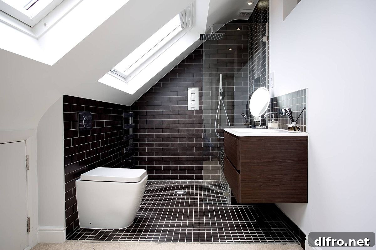 Black tiles in an attic bathroom