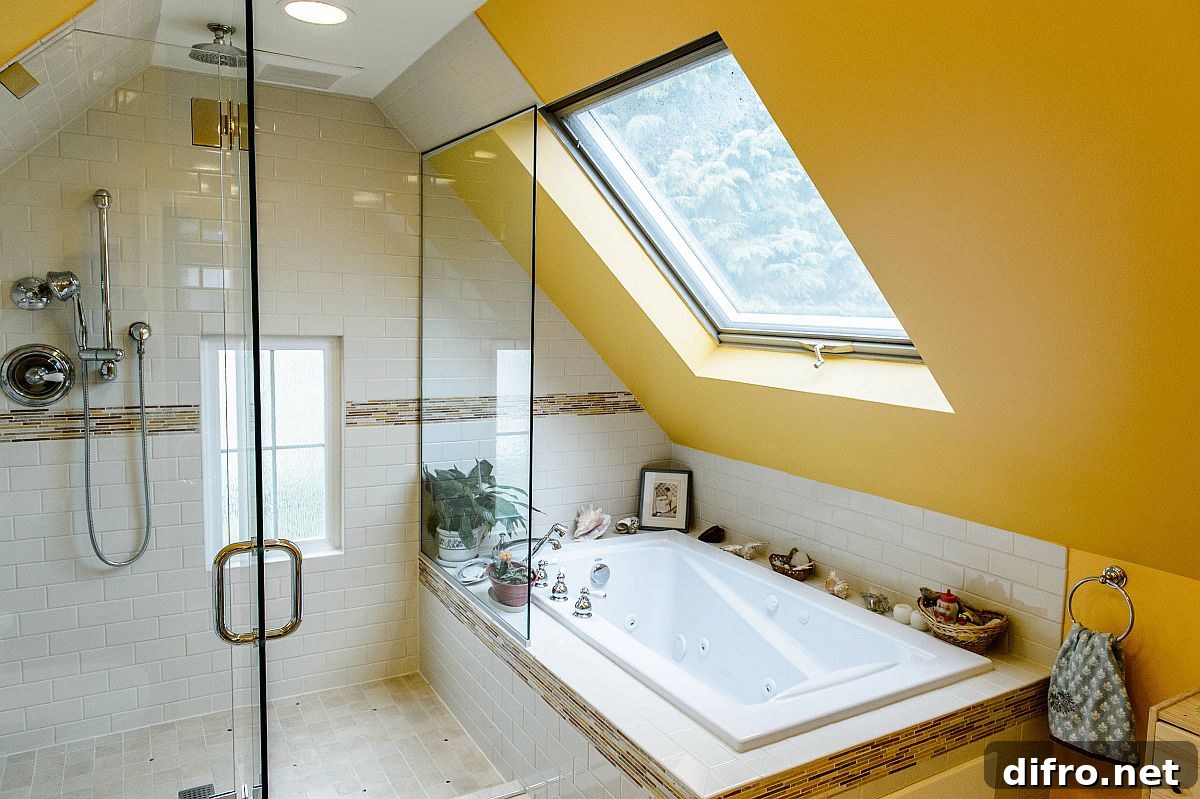 Yellow and white small attic bathroom